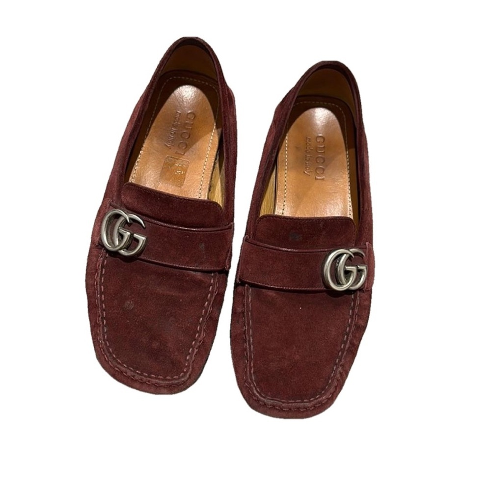 • Gucci • Men’s Authentic Suede GG Logo Drivers Burgundy Red 6.5